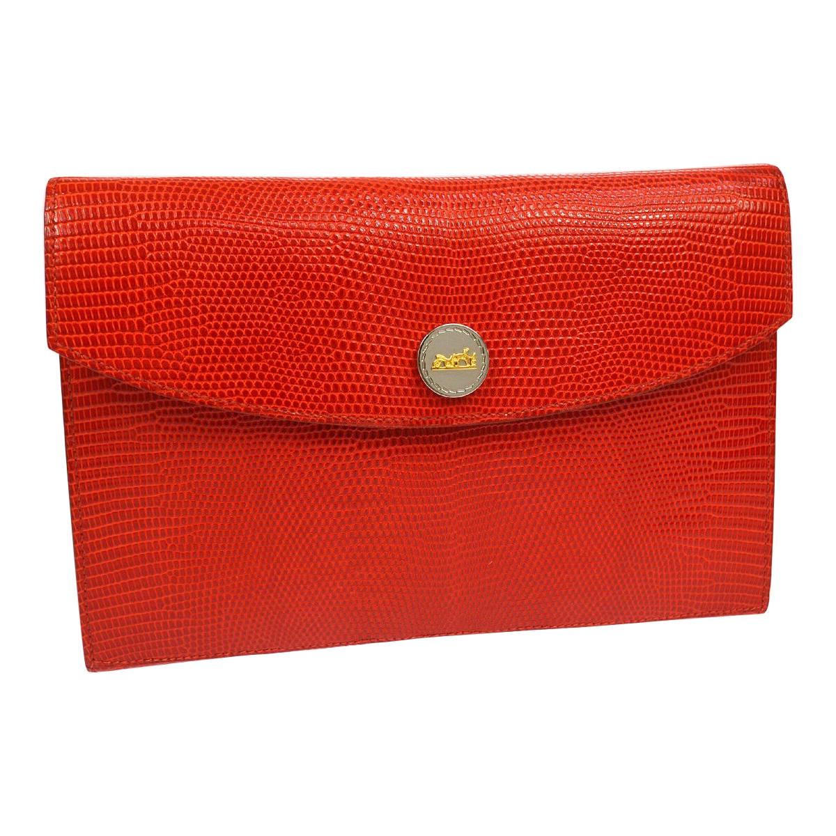 Hermes Red Lizard Exotic Leather Silver Evening Envelope Clutch Flap Bag