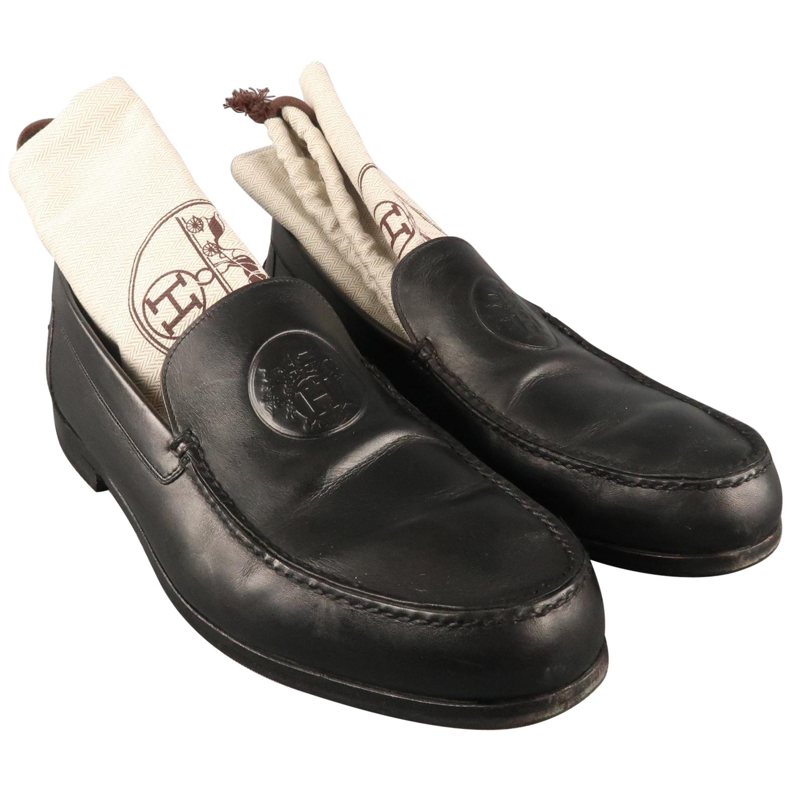 Men's HERMES Size 9.5 Black Leather Embossed Logo Slip On Loafers