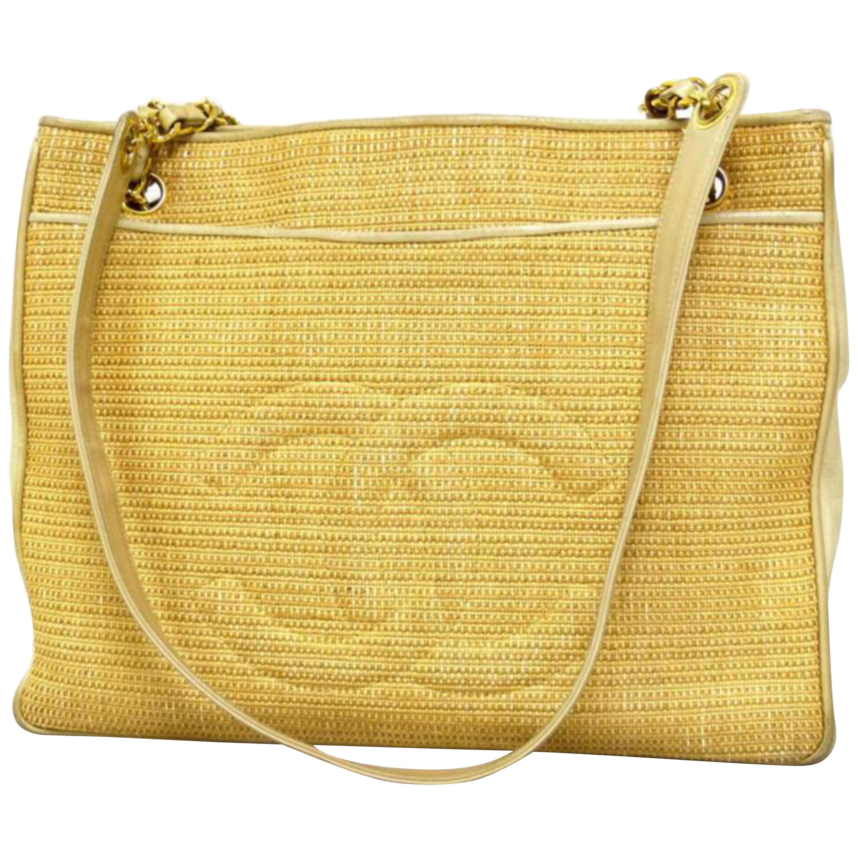 Chanel Cc Logo Chain Tote 221851 Natural Straw X Leather Shoulder Bag For Sale