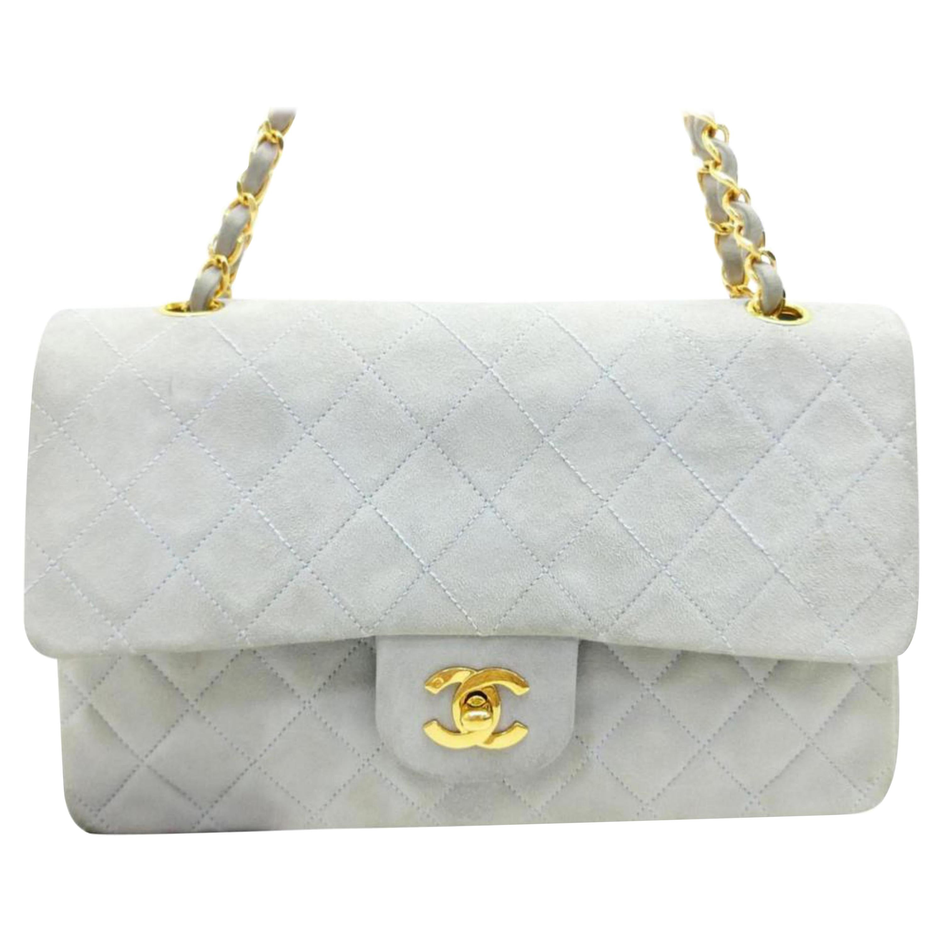 Chanel Quilted Classic Medium Double Flap 227175 Light Blue Suede Leather Should For Sale