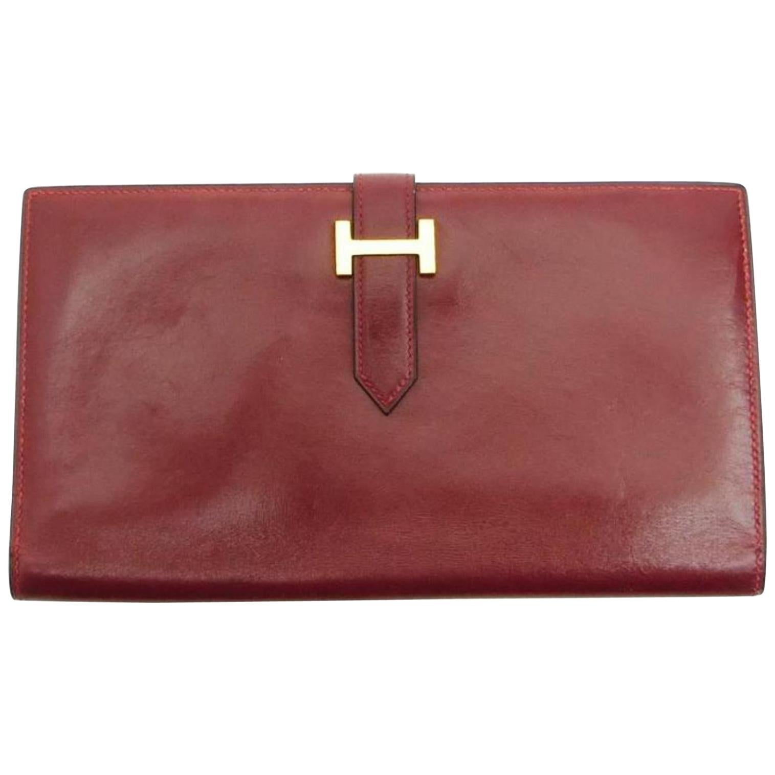 Hermès H Logo Bearn Bifold Long Wallet 227231 Bordeaux Box Calf Leather Clutch For Sale