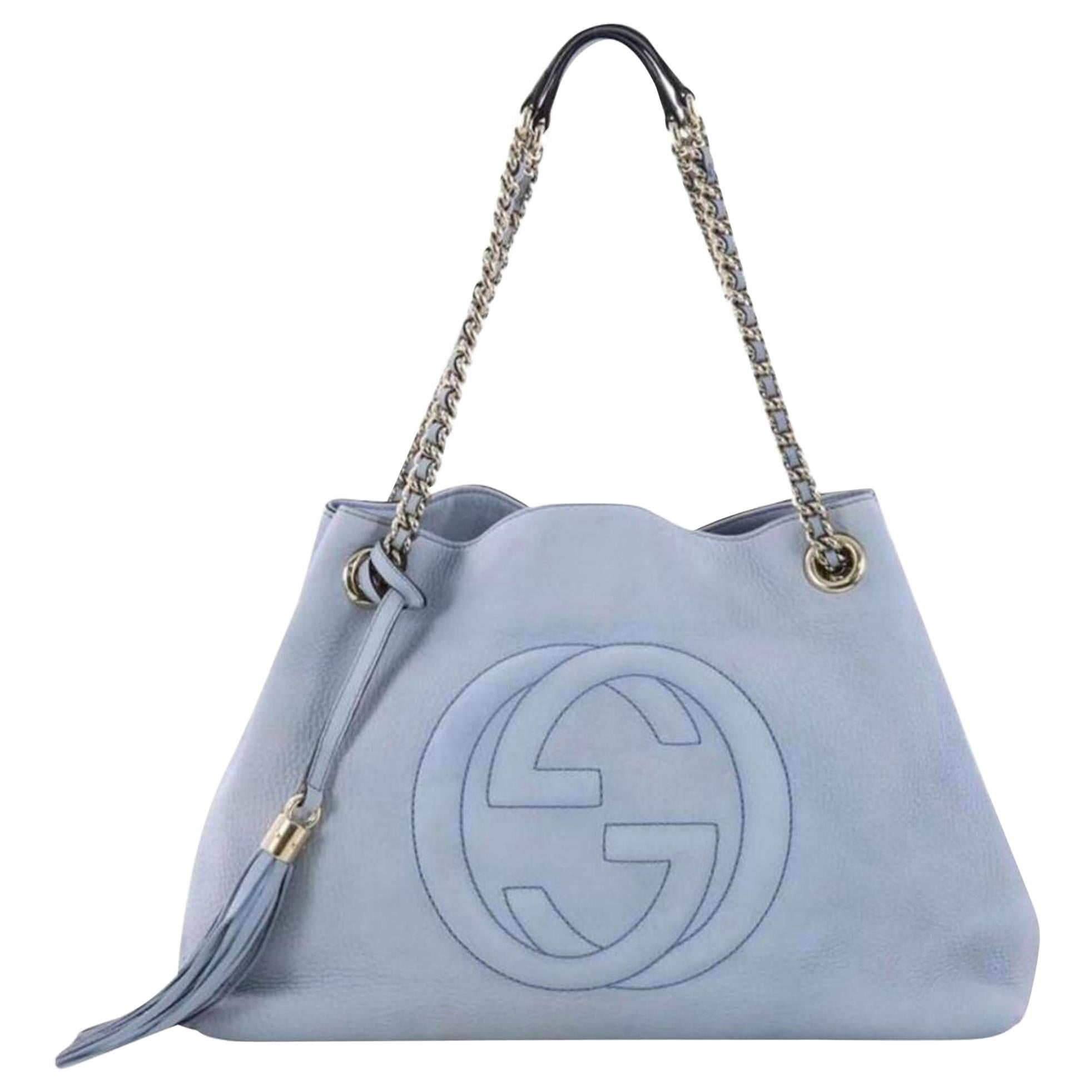 Gucci Soho Fringe Tassel Chain Tote 869083 Light Blue Leather Shoulder Bag For Sale
