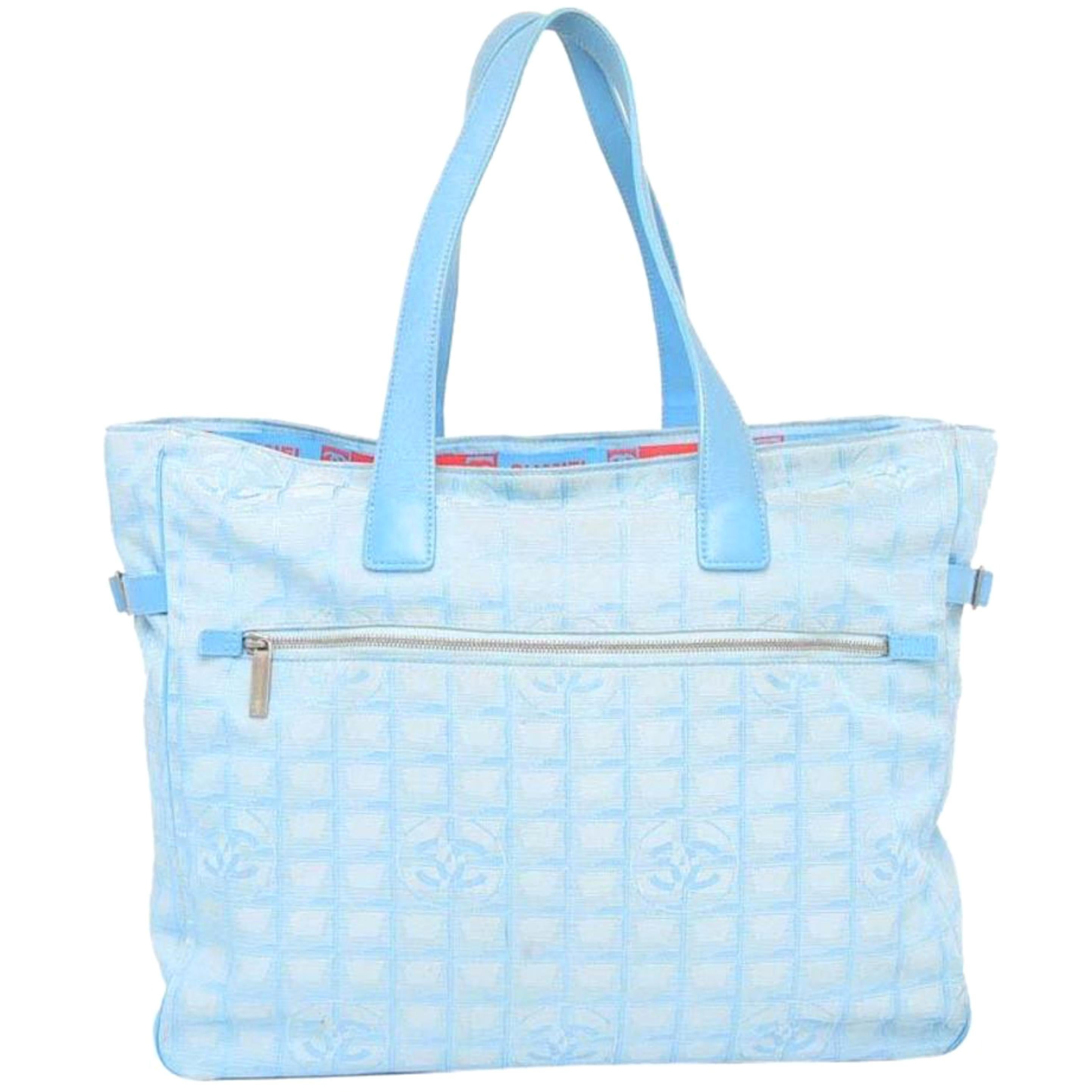 Chanel New Line Travel Gm 228259 Light Blue Quilted Nylon X Leather Tote For Sale