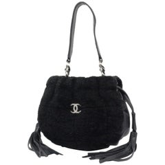 Chanel Quilted Fringe Ball 227132 Black Shearling Shoulder Bag