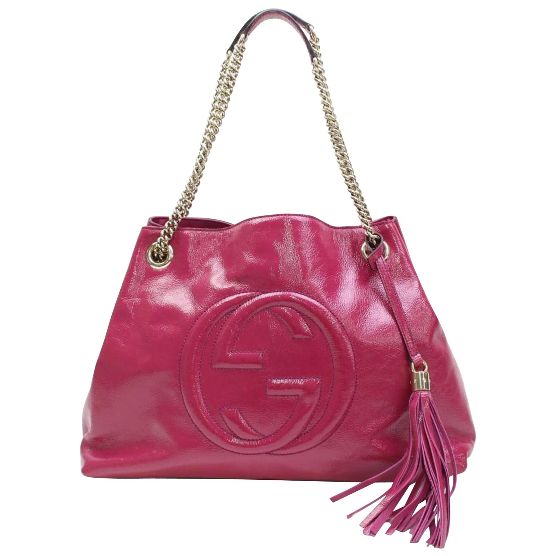 Gucci Soho Chain Tote 867472 Fuchsia Patent Leather Shoulder Bag For Sale