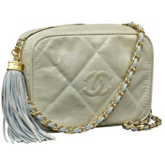 Chanel Camera Quilted Tassel 227783 Greenish Blue Lizard Shoulder Bag