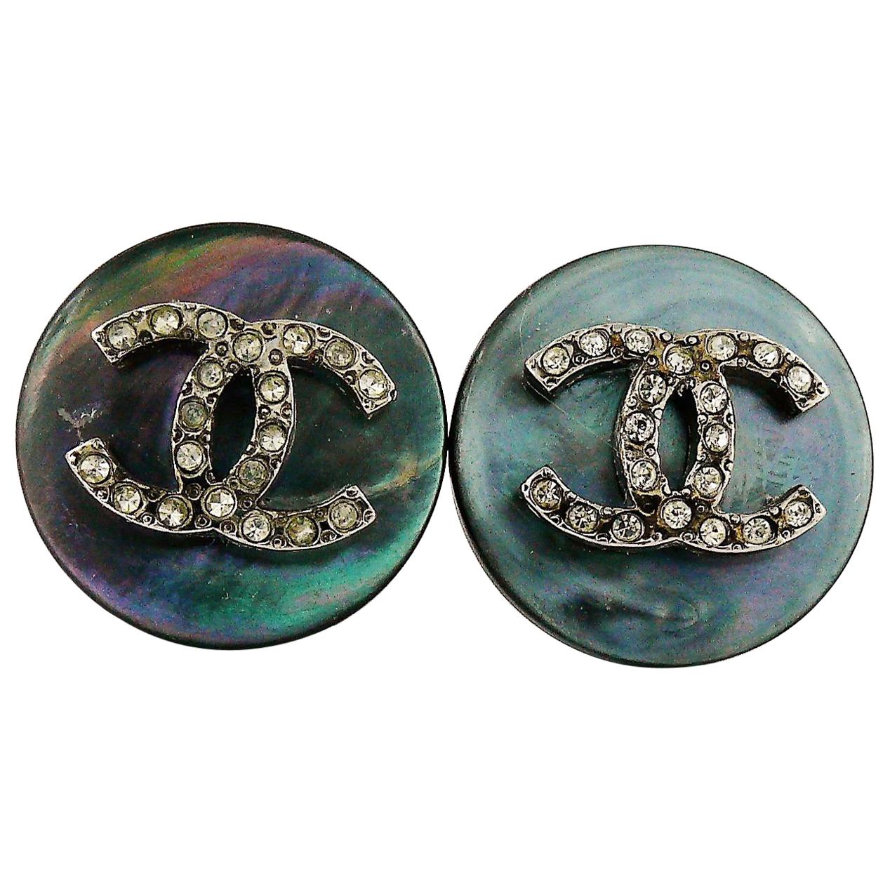 Chanel Vintage Mother of Pearl Jewelled CC Clip-On Earrings