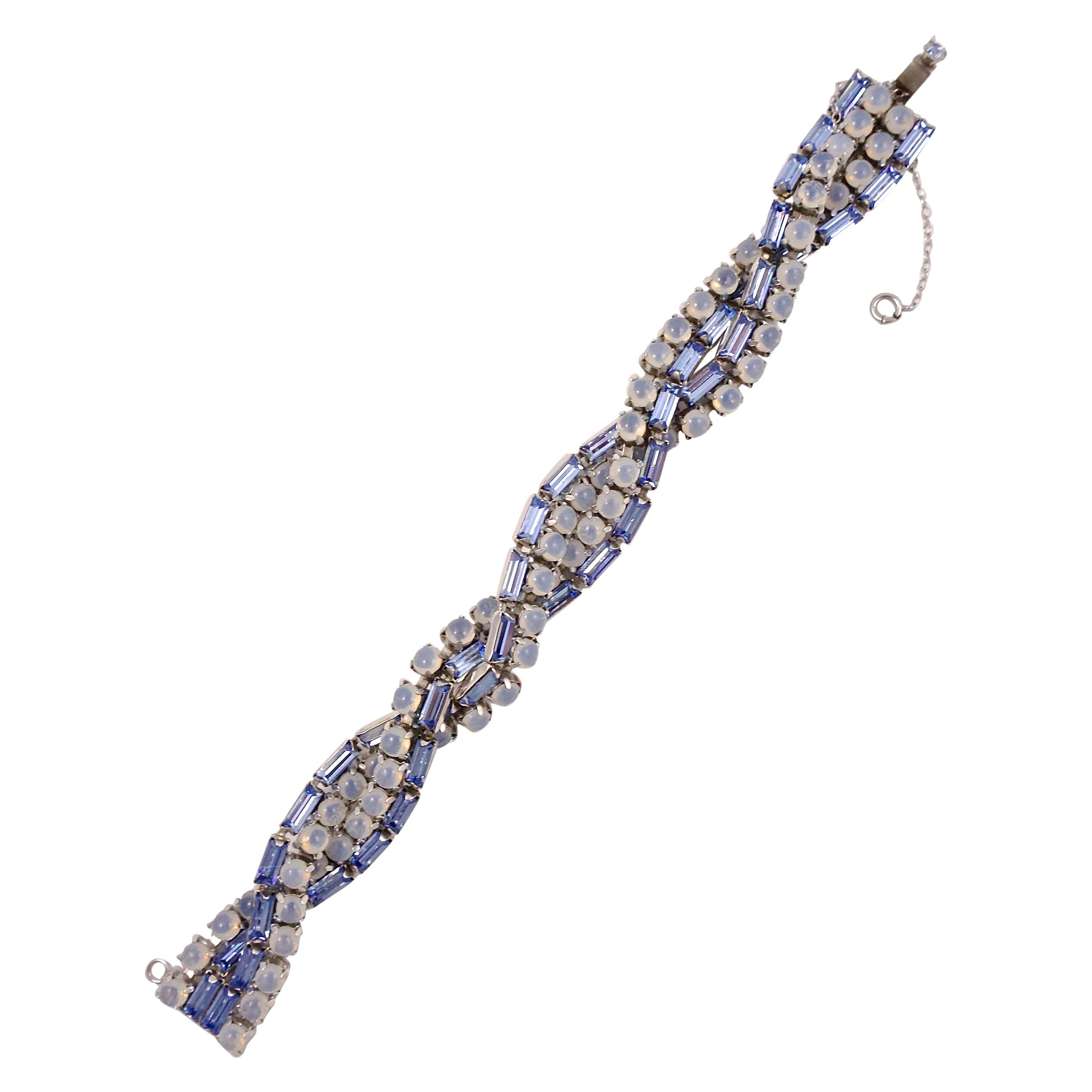 Silver Plated Twist Bracelet with Blue Baguettes and Round Blue Grey Moonglows For Sale