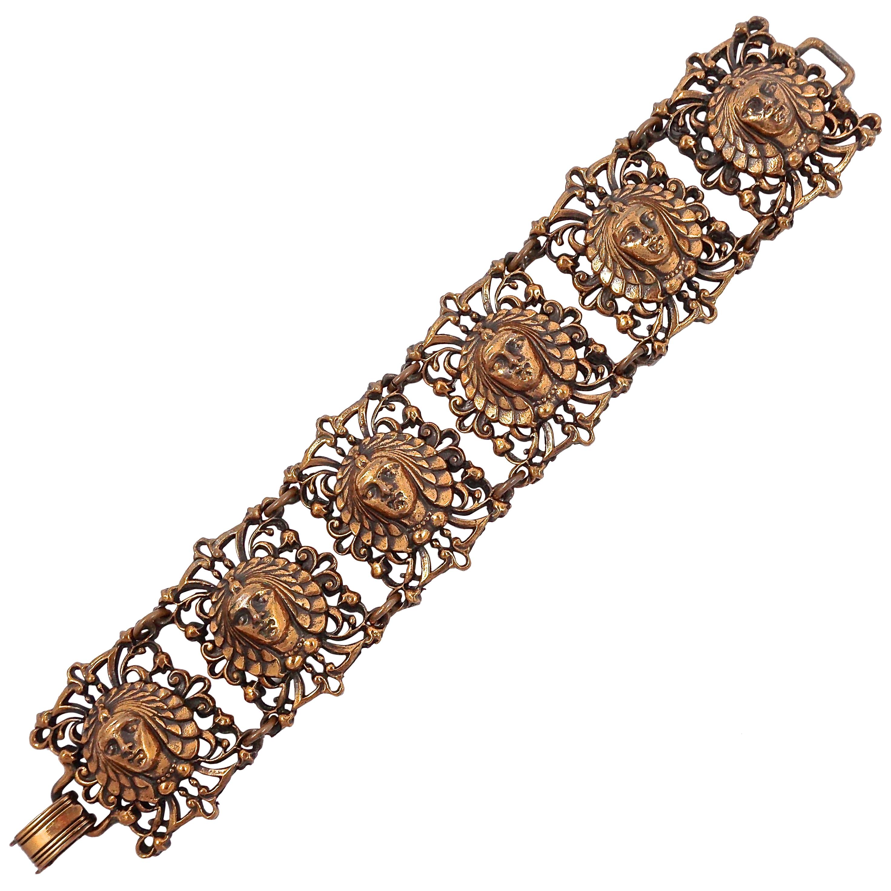 Copper Tone Pharaoh Woman's Face Design Wide Link Bracelet