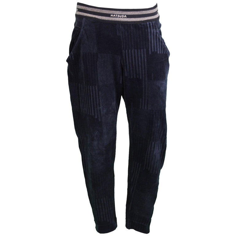Matsuda Men's Vintage Dark Navy Blue Textured Velour Track Pants, 1990s ...