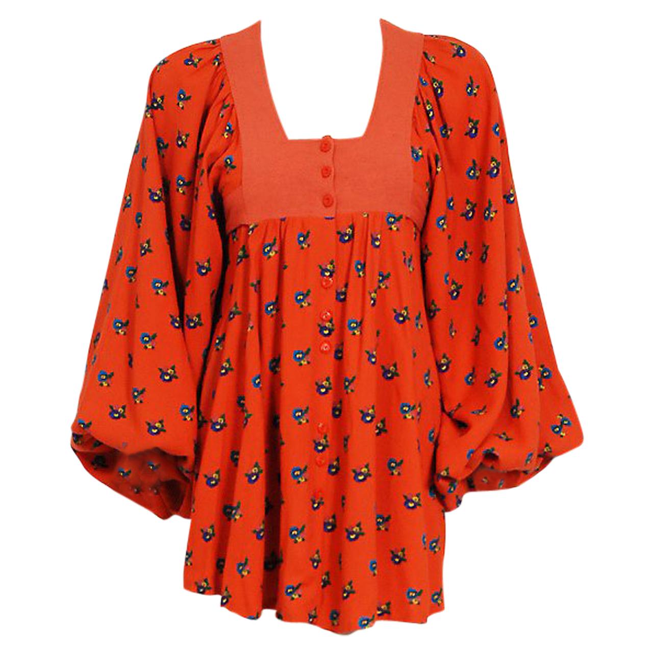 1969 Jeff Banks Orange Floral Print Cotton Billow-Sleeve Empire Mini Dress 