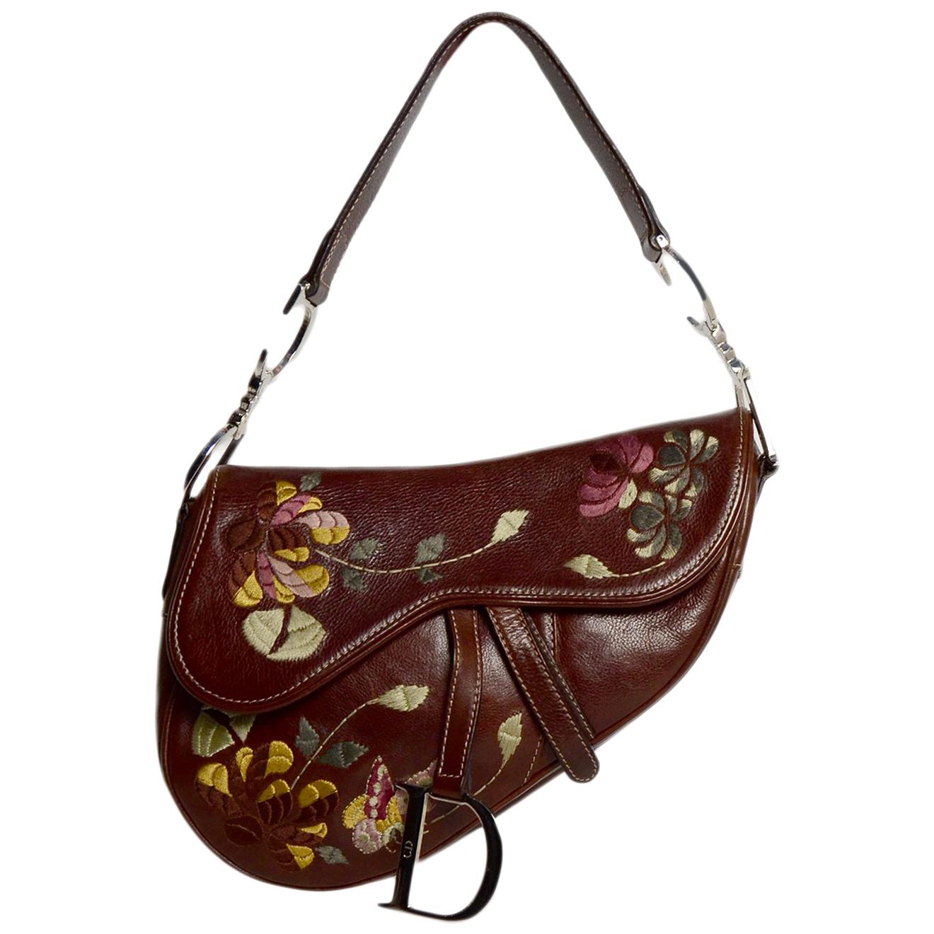 Christian Dior Brown Leather Embroidered Floral D Buckle Saddle Bag For ...