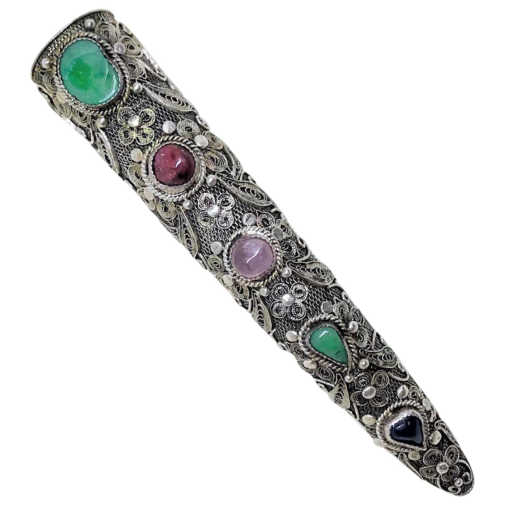 Circa 1930s Chinese Sterling Silver and Jade Nail Cover Brooch For Sale