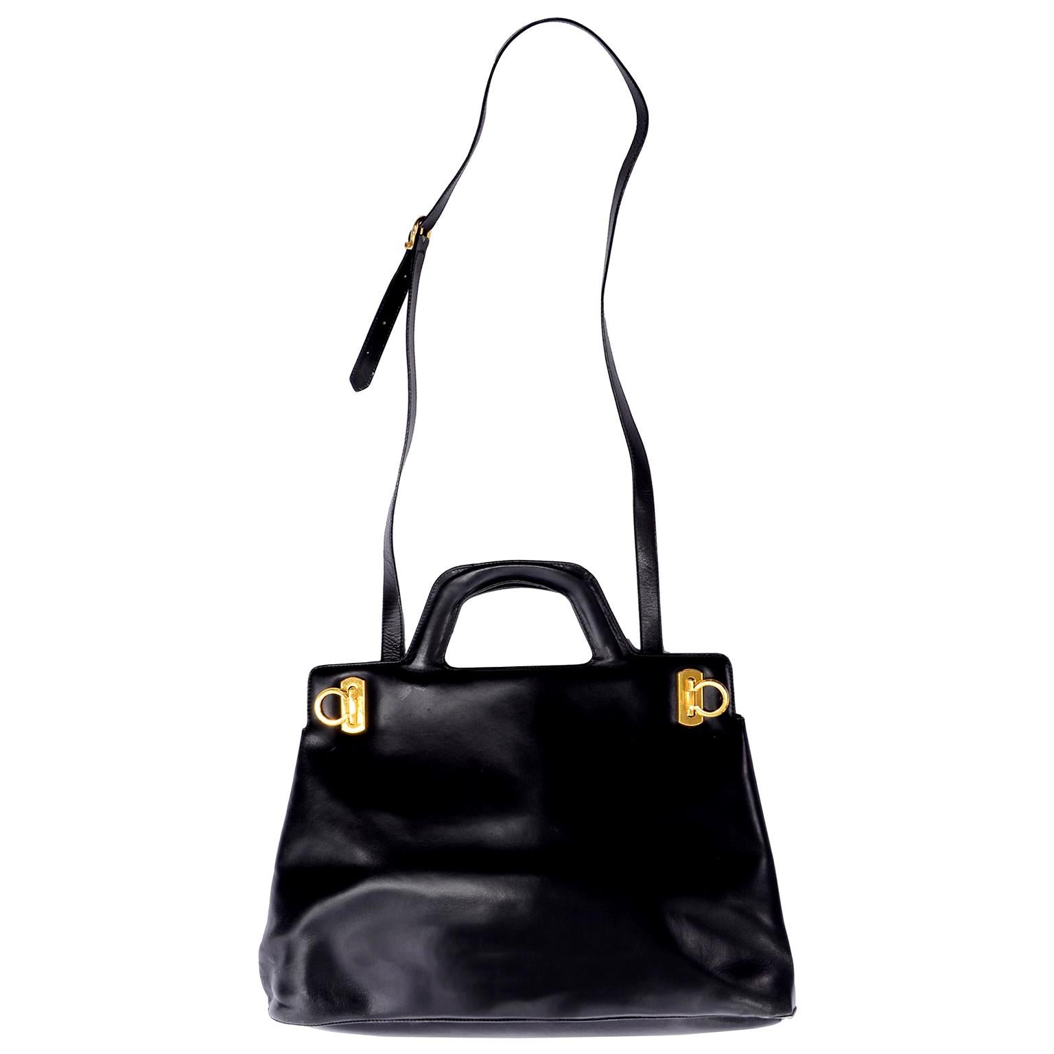 Salvatore Ferragamo Black Leather Top Handle Tote Handbag Shoulder Bag