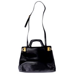 Retro Salvatore Ferragamo Black Leather Top Handle Tote Handbag Shoulder Bag