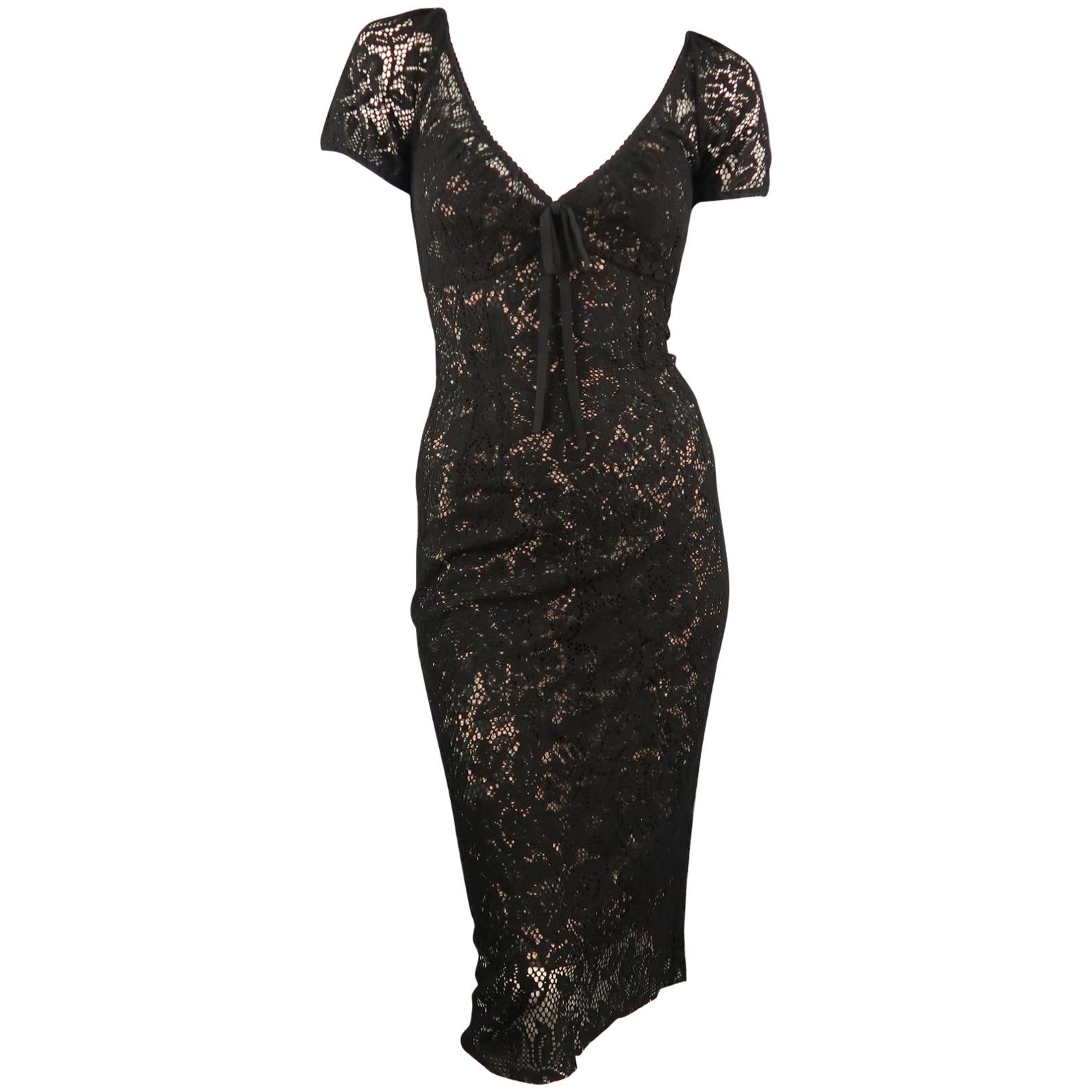DOLCE & GABBANA Size 6 Black Lave V Neck Midi Dress