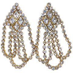 Vintage Circa 1960s William deLillo Goldtone and Clear Crystal Dangling Earrings