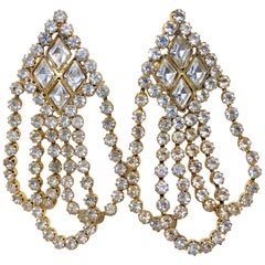 Circa 1960s William deLillo Goldtone and Clear Crystal Dangling Earrings