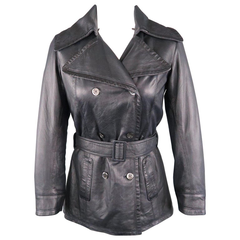 S.W.O.R.D Size 6 Navy Leather Double Breasted Belted Cropped Coat at ...
