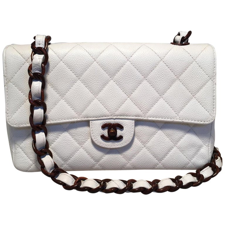 Chanel White Caviar Polished Wood Chain Classic Flap Shoulder Bag