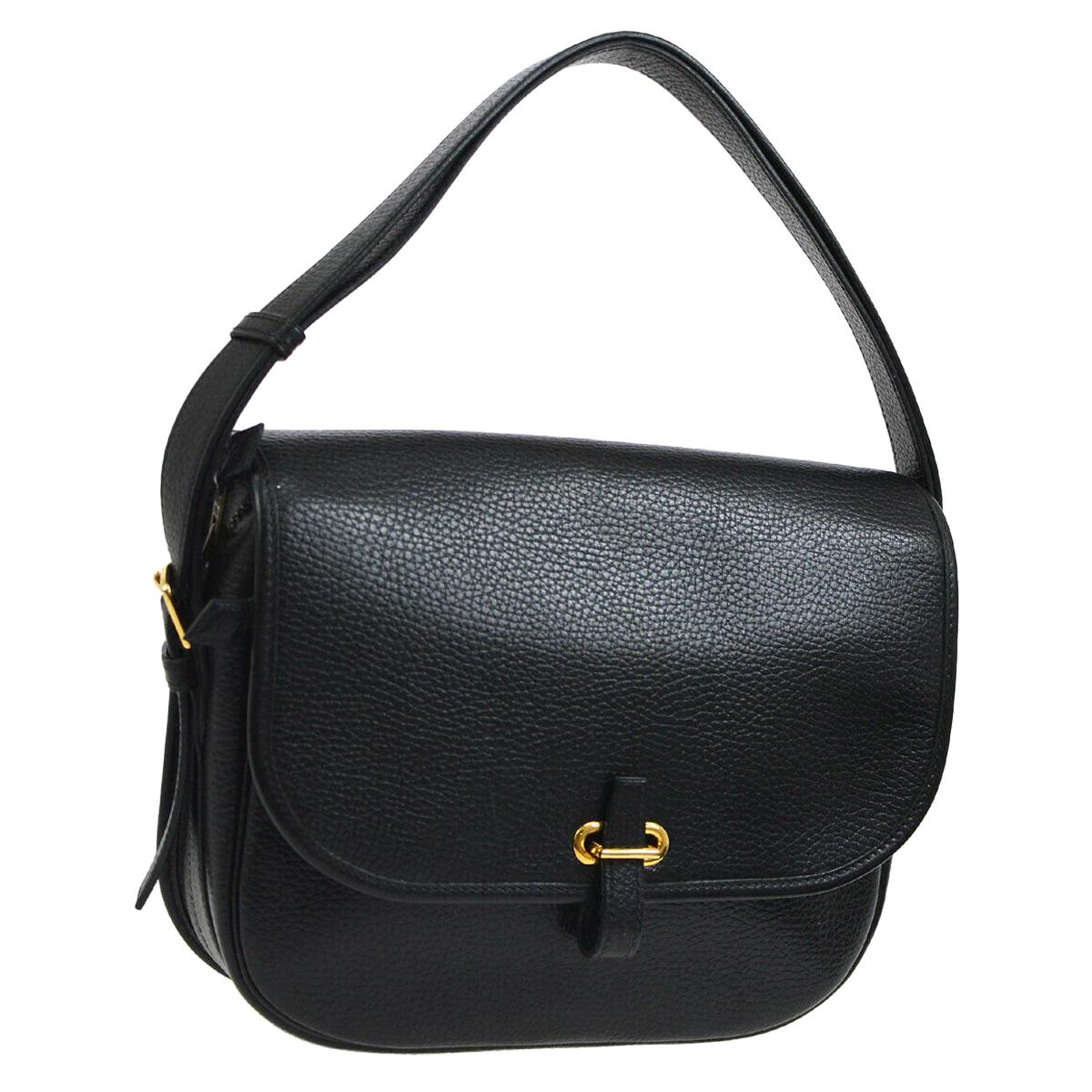 Hermes Black Leather Gold Evening Adjustable Strap Saddle Flap Shoulder Bag