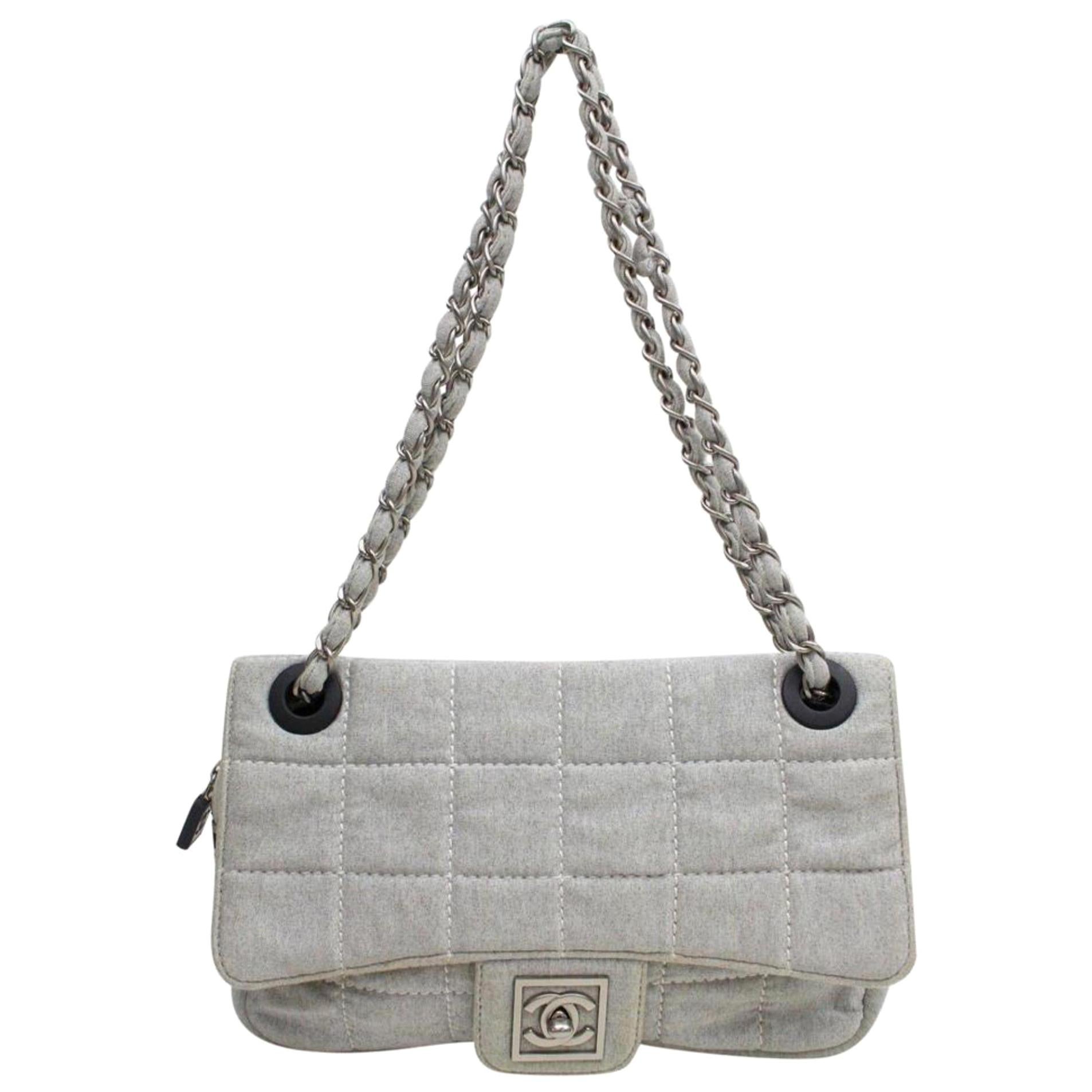 Chanel Classic Flap Quilted Chocolate Bar 868985 Gray Canvas Shoulder Bag For Sale