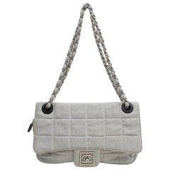 Vintage Chanel Classic Flap Quilted Chocolate Bar 868985 Gray Canvas Shoulder Bag