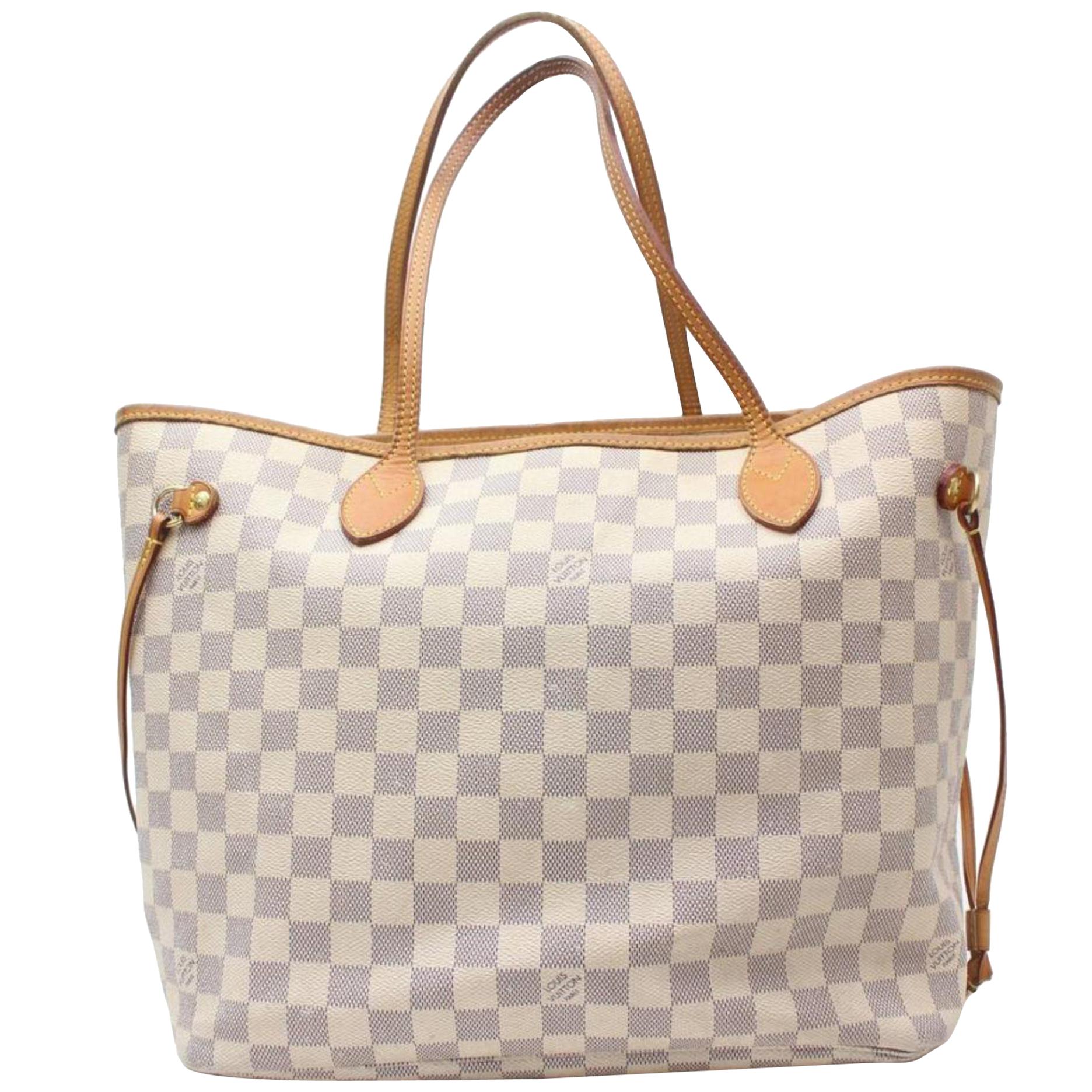 Louis Vuitton Neverfull Damier Azur Mm 868790 White Coated Canvas Tote For Sale