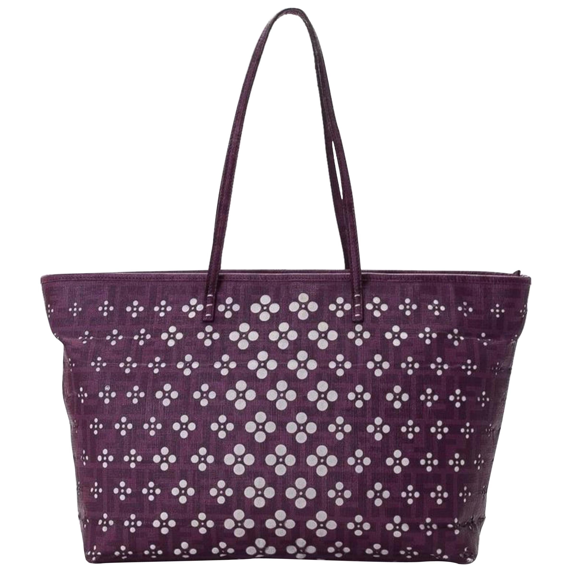 Fendi Perforated Laser Cut Out Tote 228077 Purple Coated Canvas Shoulder Bag For Sale