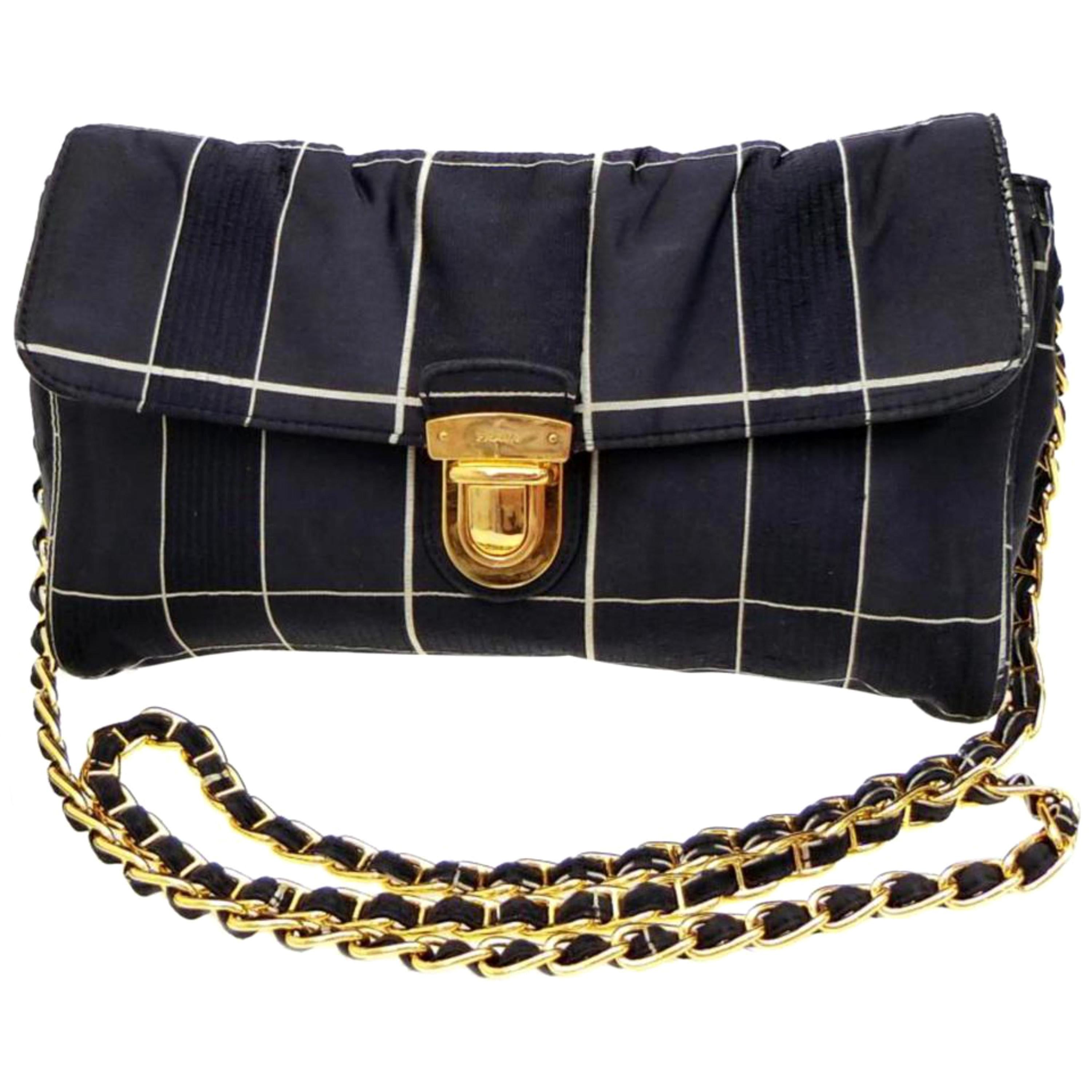 Prada Quilted Chain Flap 228162 Navy Silk Cross Body Bag For Sale