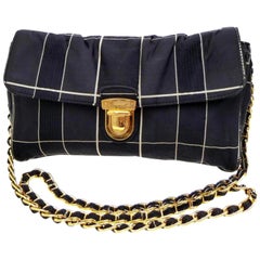 Prada Quilted Chain Flap 228162 Navy Silk Cross Body Bag