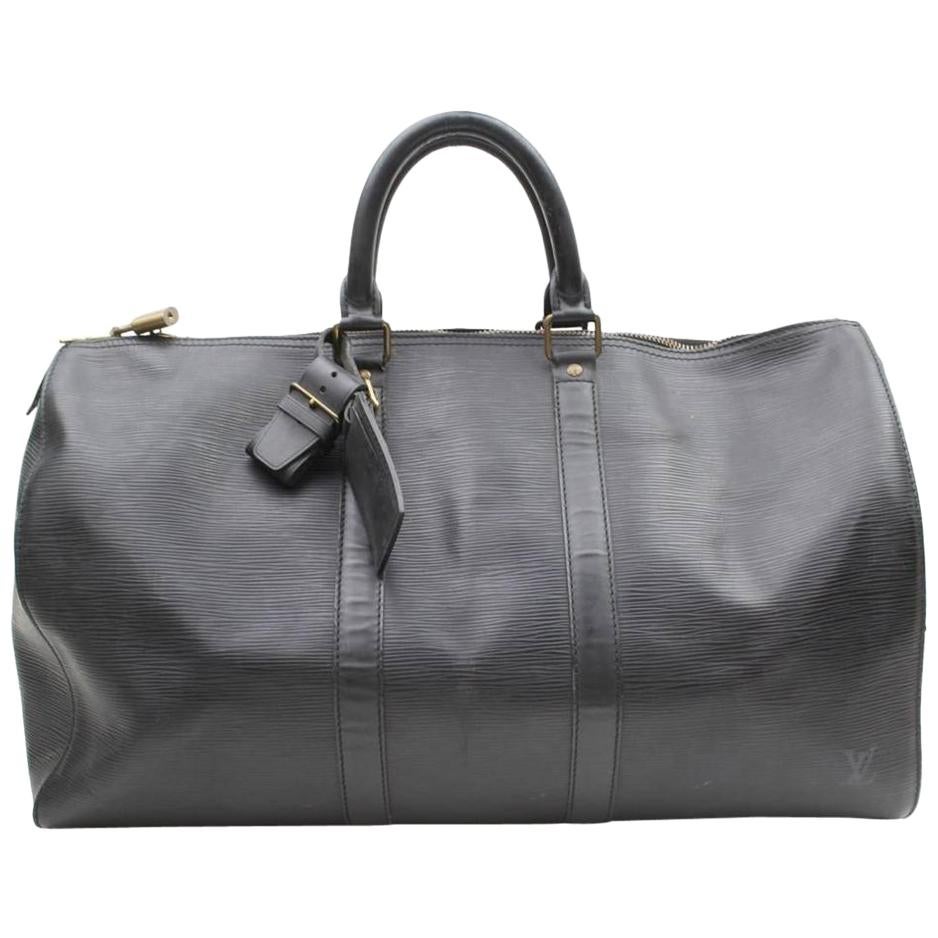 Louis Vuitton Keepall Duffle Noir 45 869492 Black Leather Weekend/Travel Bag For Sale