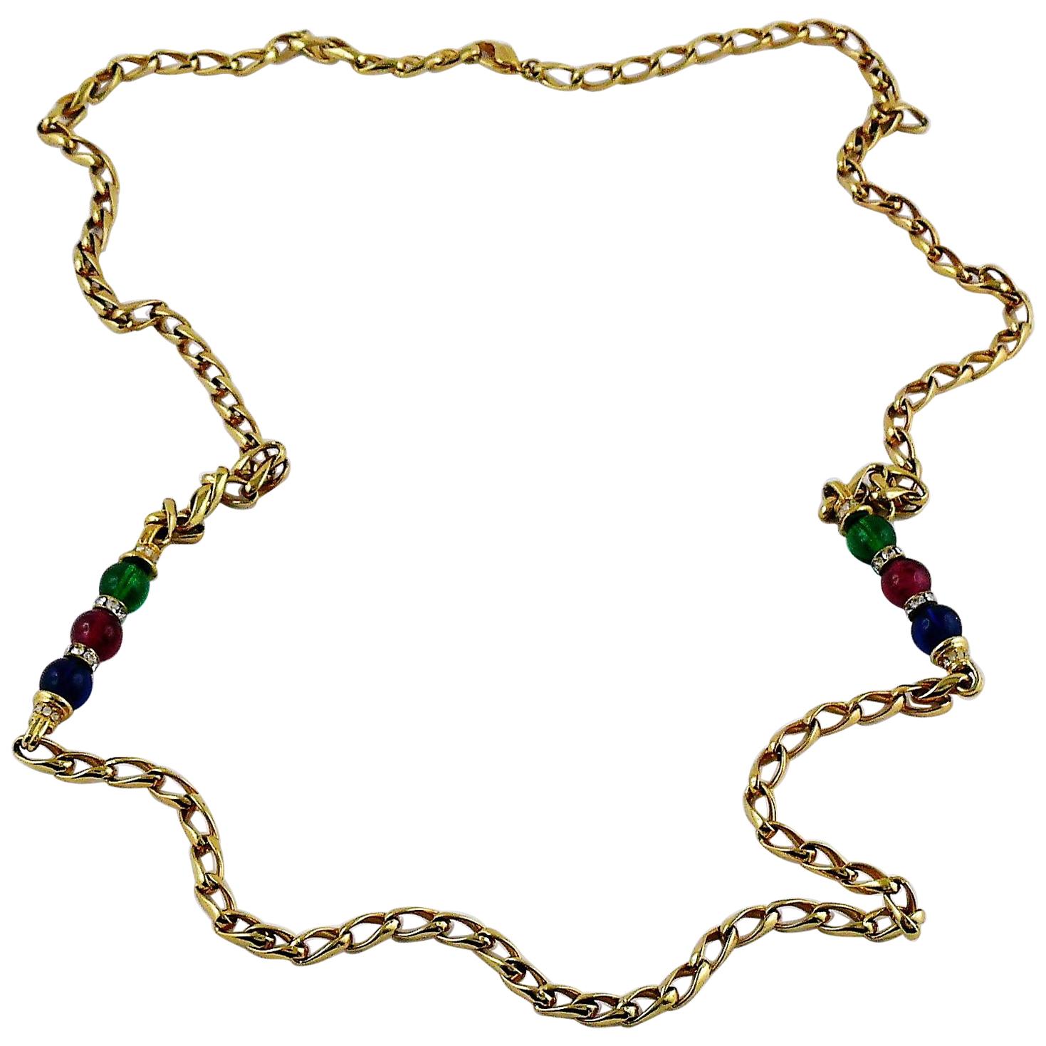 Christian Dior Vintage Jewelled Gold Tone Chain Sautoir Necklace For Sale