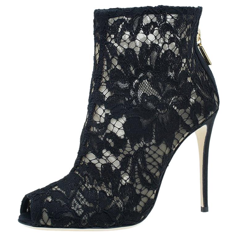 Dolce and Gabbana Black Lace and Mesh Ankle Boots Size 36 For Sale at ...