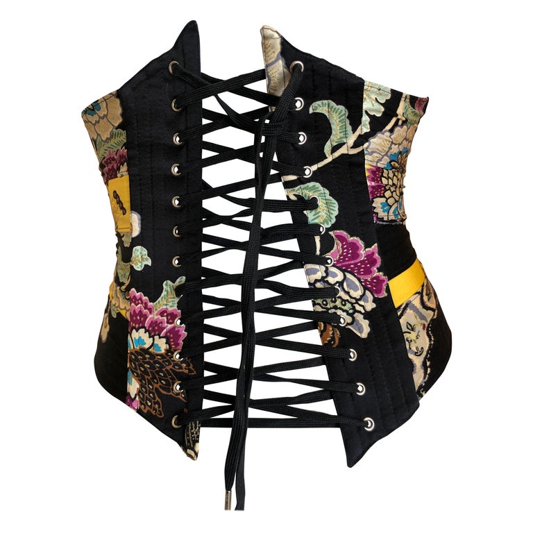 Roberto Cavalli Wide Chinoiserie Silk Lace Up Corset XS For Sale at 1stDibs