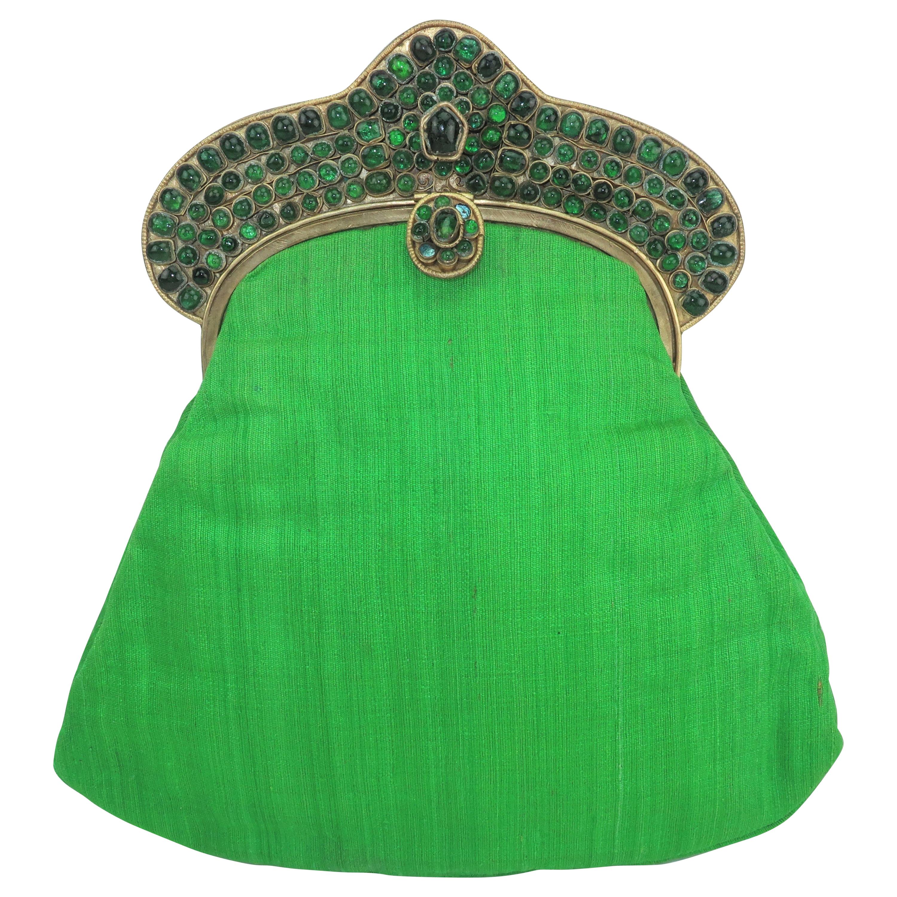 Green 1960's Mughal Style Bejeweled Indian Clutch Handbag