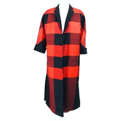 1950s Silk Shantung Reversible Coat Black and Orange Buffalo Plaid 