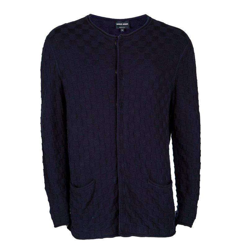 Giorgio Armani Navy Blue Basketweave Cotton Knit Cardigan XXL