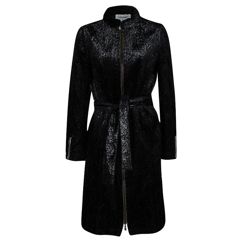 Yves Saint Laurent Shiny Black Quilted Velvet Belted Long Coat M
