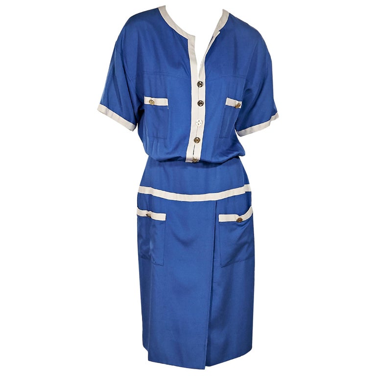 Blue and White Vintage Chanel Boutique Blouson Dress For Sale at 1stDibs