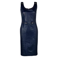 Versace Navy Blue Logo Detail Sleeveless Leather Dress S