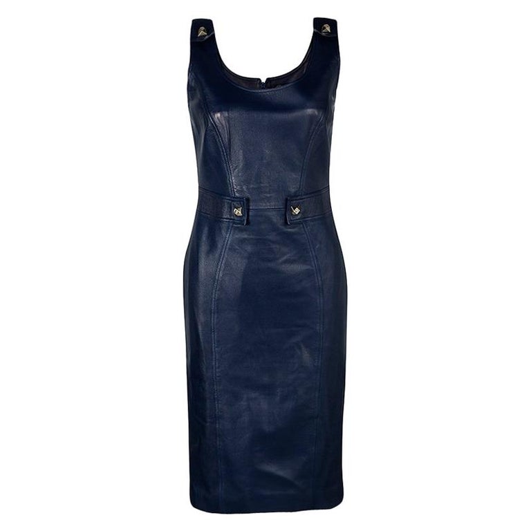 Versace Navy Blue Logo Detail Sleeveless Leather Dress S at 1stDibs