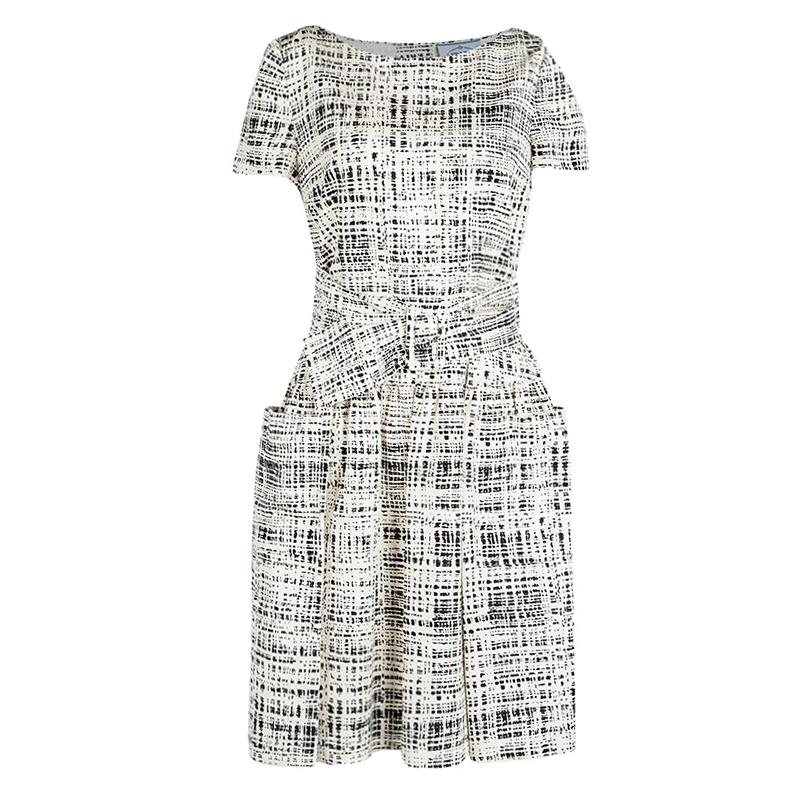 Prada Monochrome Printed Silk Short Sleeve Pocket Detail Belted Dress M