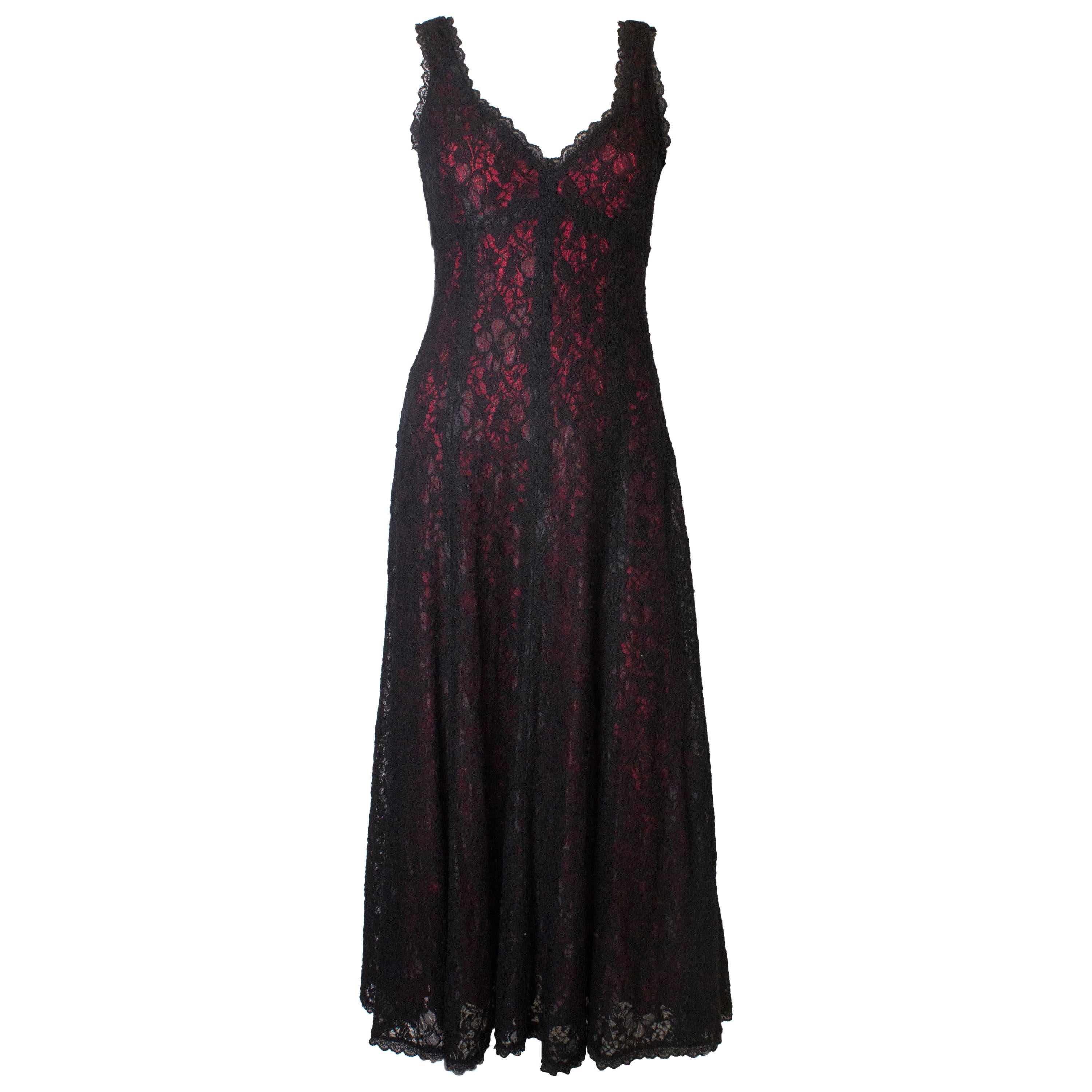 Vintage Caroline Charles Black Lace Gown with Red Lining