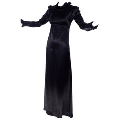 1930s Fitted Black Silk Satin Long Dress in Victorian Style With Ruffles 