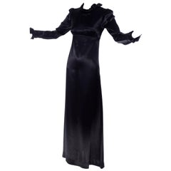 1930s Fitted Black Silk Satin Long Dress in Victorian Style With Ruffles