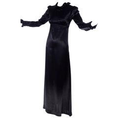 Vintage 1930s Fitted Black Silk Satin Long Dress in Victorian Style With Ruffles 