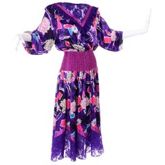 Retro Diane Freis Original 1980s Purple Abstract Floral Dress w Lace Trim & Ruffle