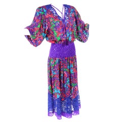 1980s Diane Freis Vintage Dress in Multi Colored Floral Print Silk W/ Lace Trim