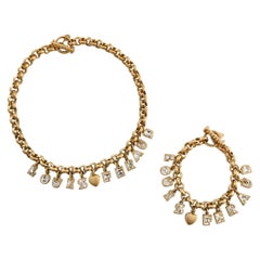 Vintage LOUIS FERAUD Gold Tone Rhinestone Filled Charm Letters Necklace & Bracelet Set